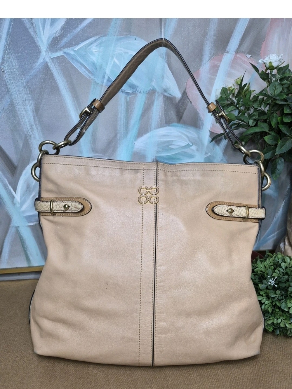 Vintage Coach Collette Beige Leather Shoulder Bag with Top Handle